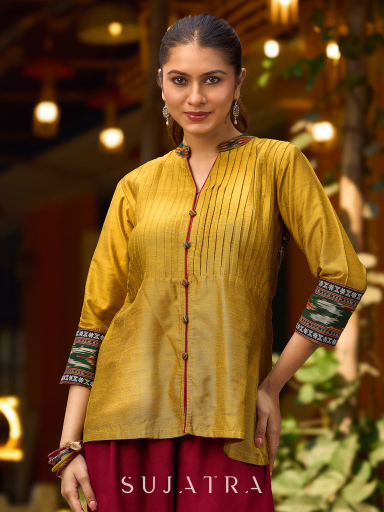 Mustard Cotton Silk Top With Pleated Yoke And Contrasting Ikat Detailing On Sleeves And Collar