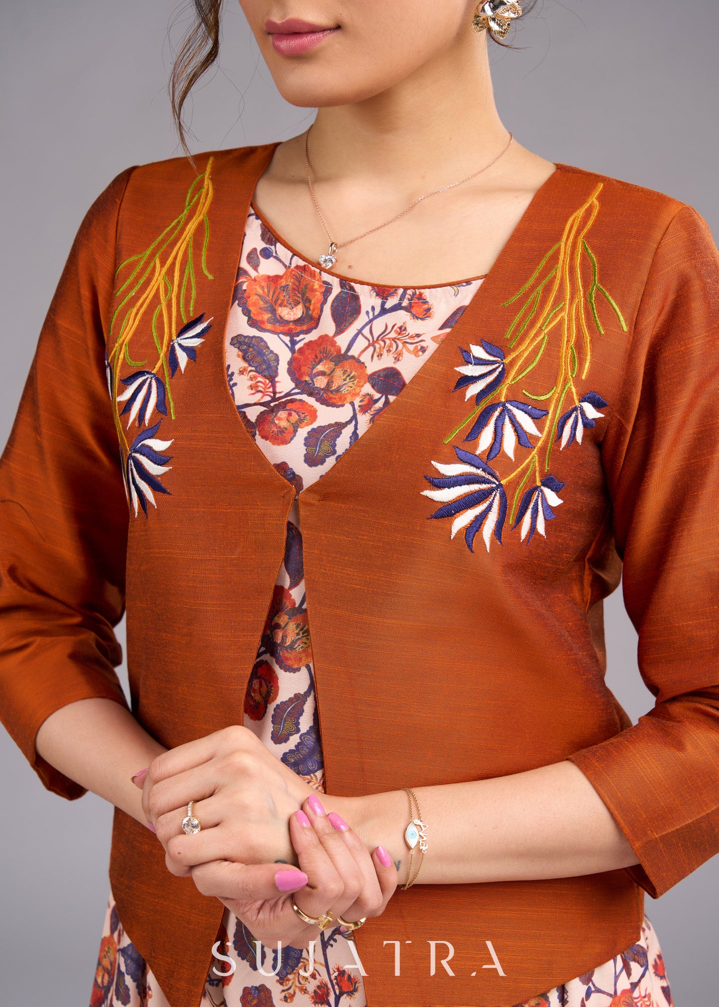 Rustic Radiance Embroidered Orange Cotton Silk Jacket - Dress optional