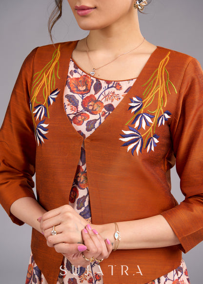 Rustic Radiance Embroidered Orange Cotton Silk Jacket - Dress optional