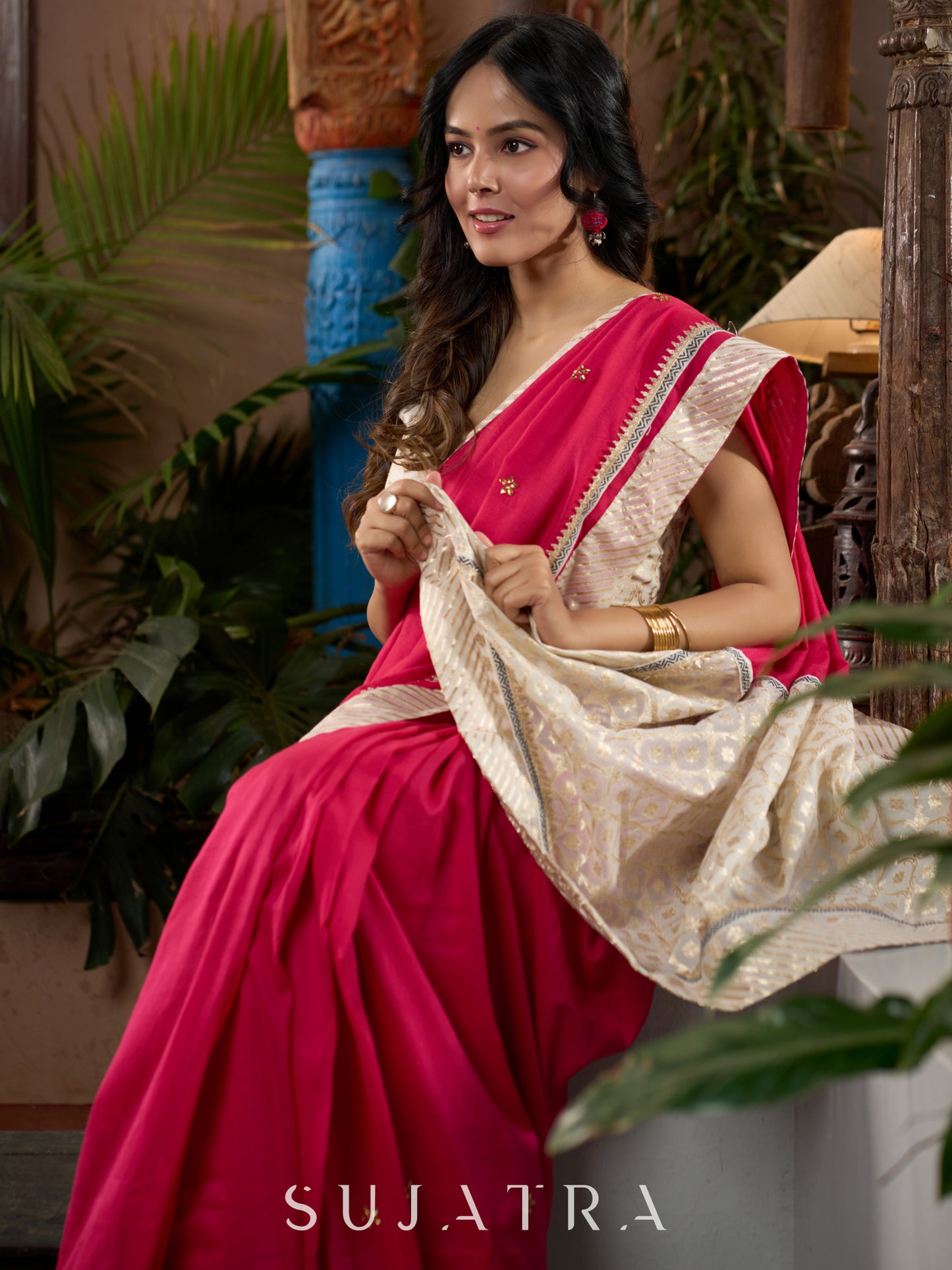 Luxurious cotton saree with intricate hand embroidery and opulent Banarasi combination