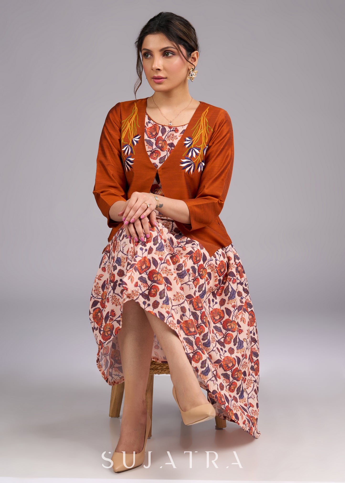 Rustic Radiance Embroidered Orange Cotton Silk Jacket - Dress optional