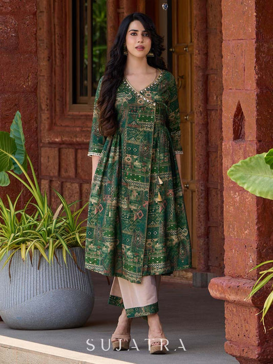 Rich bottle green printed Angrakha with a finely hand-embroidered neckline and soft beige accents.