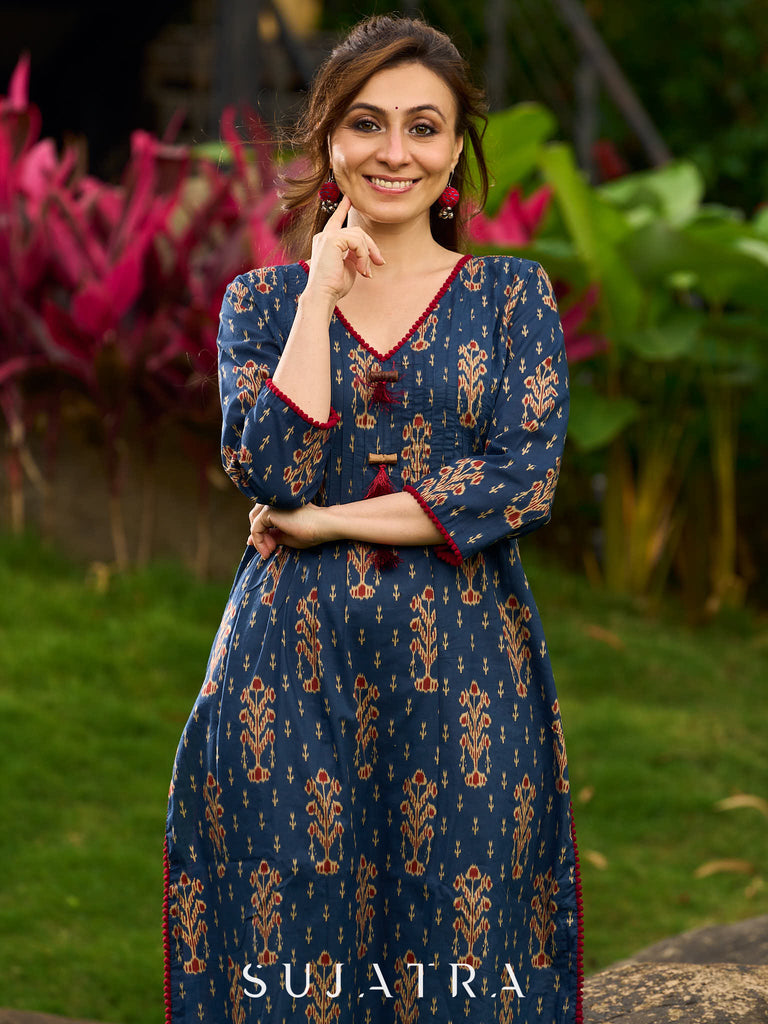 Contemporary Blue Ajrakh Print Kurta with Pleated Pintuck Detailing and Maroon Accents