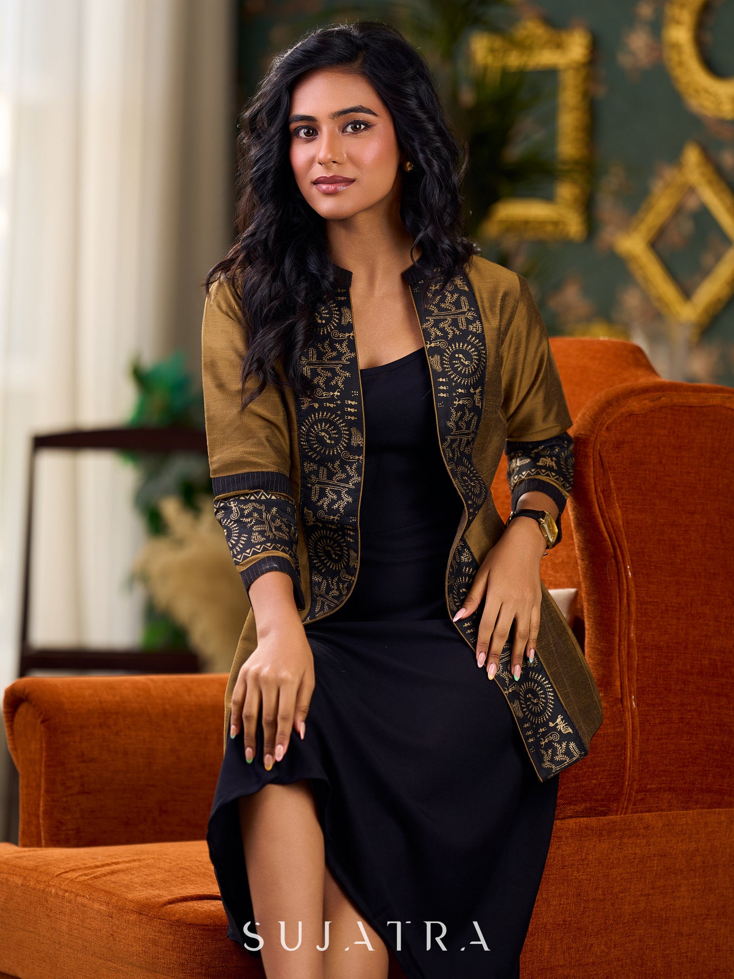 Exquisite Gold Silk Jacket with Black Shimmer-Striped Collar and Warli Printed Accents on Open Front and Cuffs - Dress optional