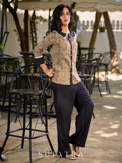 Earth Brown Ajrakh Cotton Shirt Featuring Statement Contrast Collar