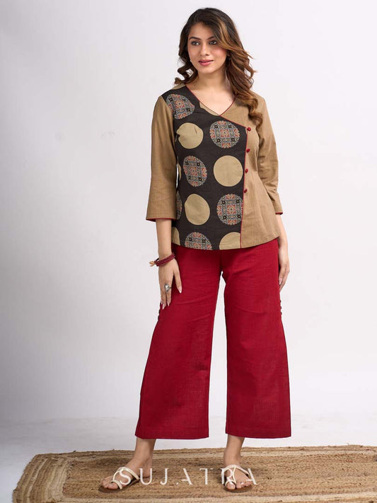 Beige Cotton Wrap Style Top with Black Printed Panel and Red Button Detail