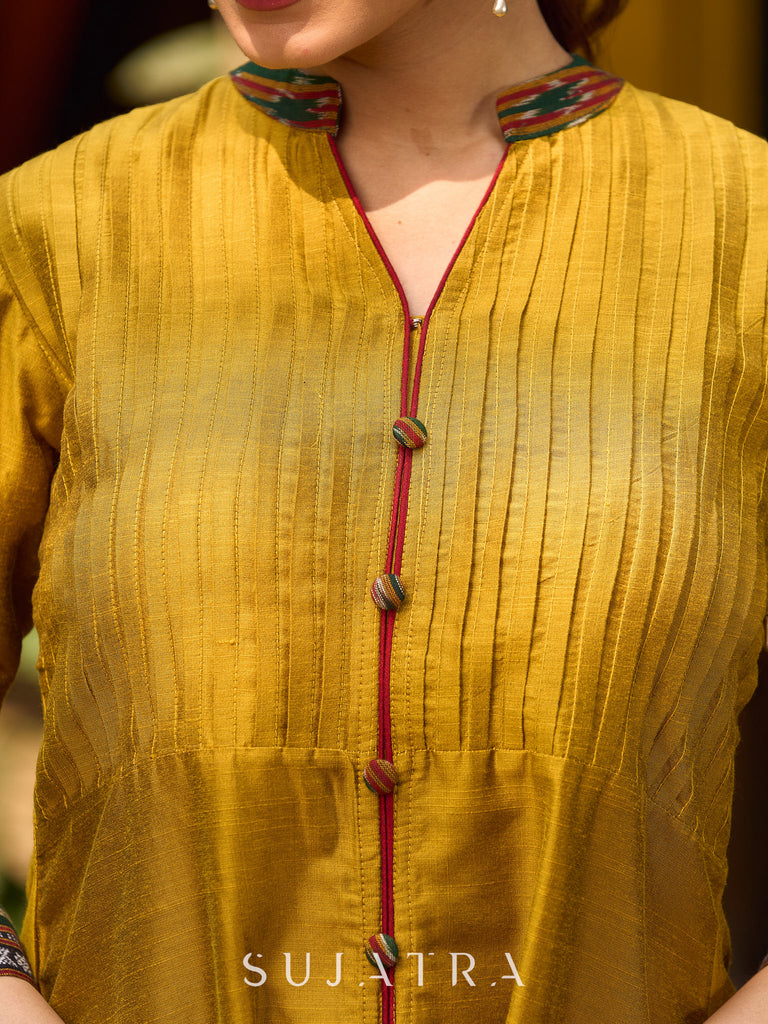 Mustard Cotton Silk Top With Pleated Yoke And Contrasting Ikat Detailing On Sleeves And Collar