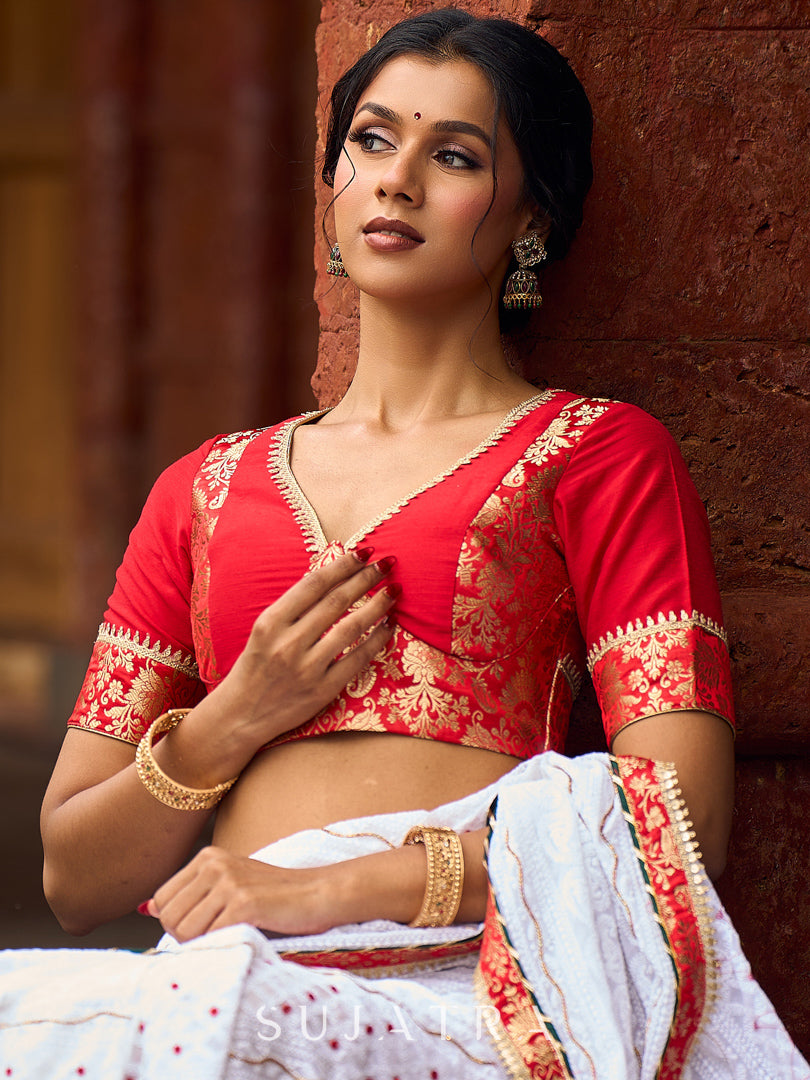 Refined White Georgette Chikankari Saree with Red-Gold Benarasi Border & Hand Embroidered Pallu