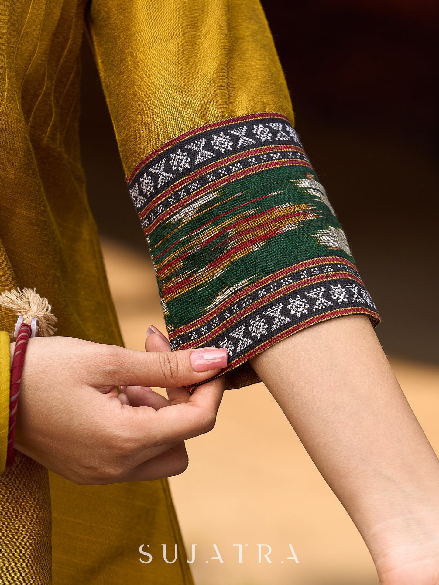 Mustard Cotton Silk Top With Pleated Yoke And Contrasting Ikat Detailing On Sleeves And Collar