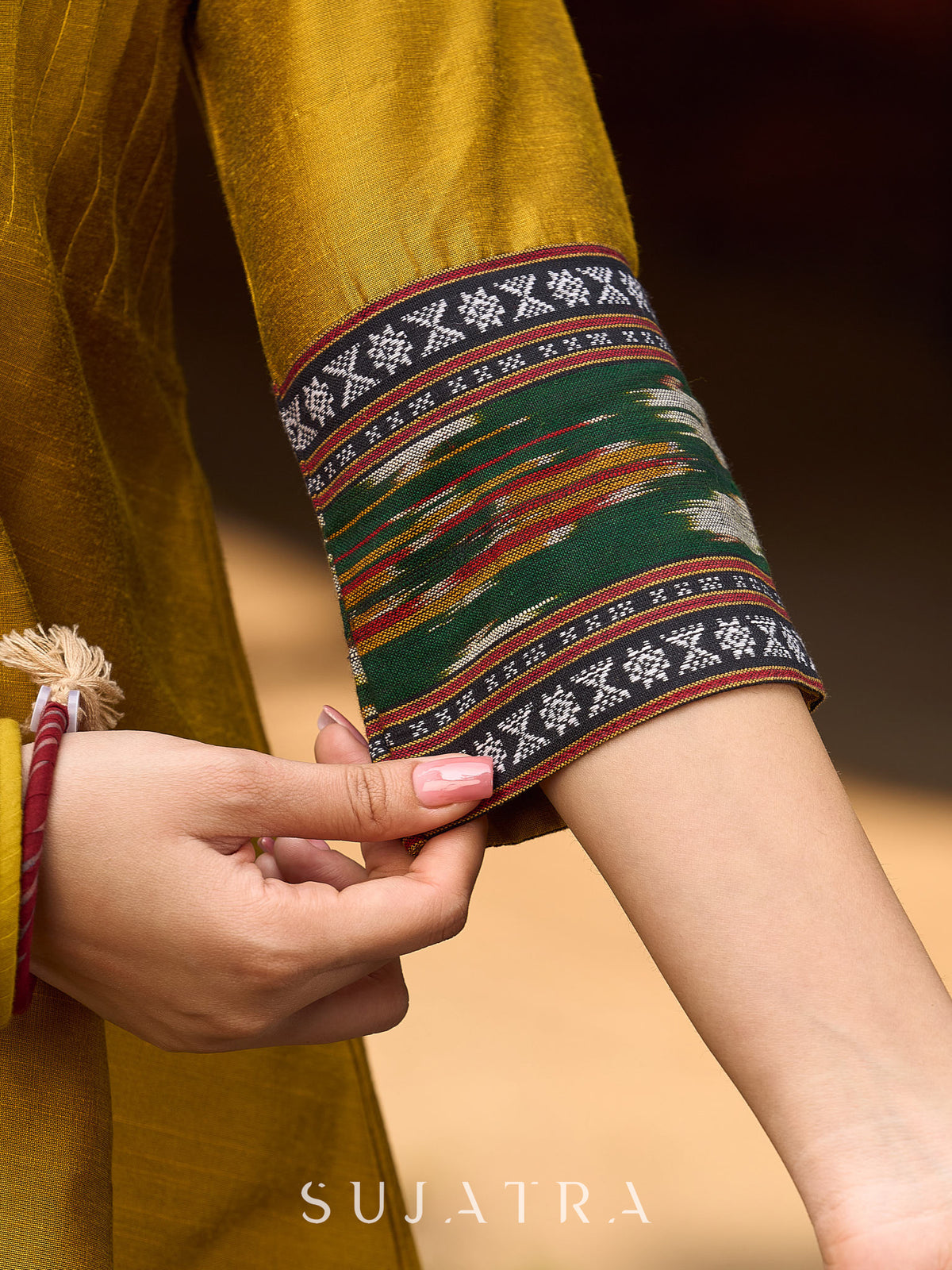 Dussehra Sale — Mustard Cotton Silk Top With Pleated Yoke And Contrasting Ikat Detailing On Sleeves And Collar - Pant Optional