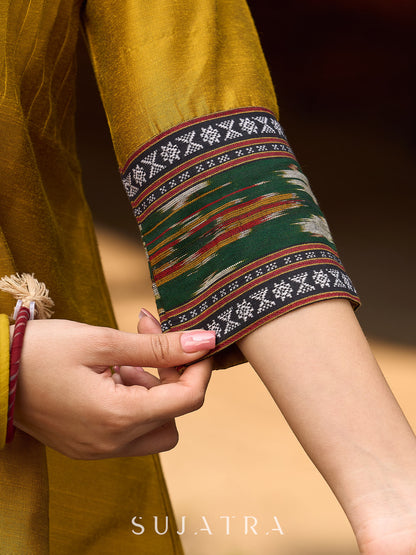 Mustard Cotton Silk Top With Pleated Yoke And Contrasting Ikat Detailing On Sleeves And Collar