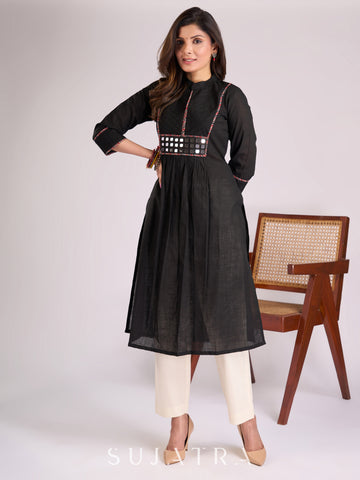 Elegant Black Cotton Gathered Kurta with Mirror Embellishments, Pleats & Ajrakh Piping on Yoke