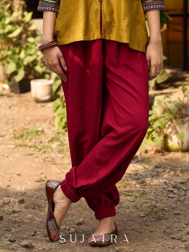 Mustard Cotton Silk Top With Pleated Yoke And Contrasting Ikat Detailing On Sleeves And Collar