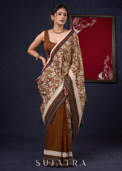 Combination of Exclusive hand block Fakira Print & Dark Rust Handloom Cotton Saree