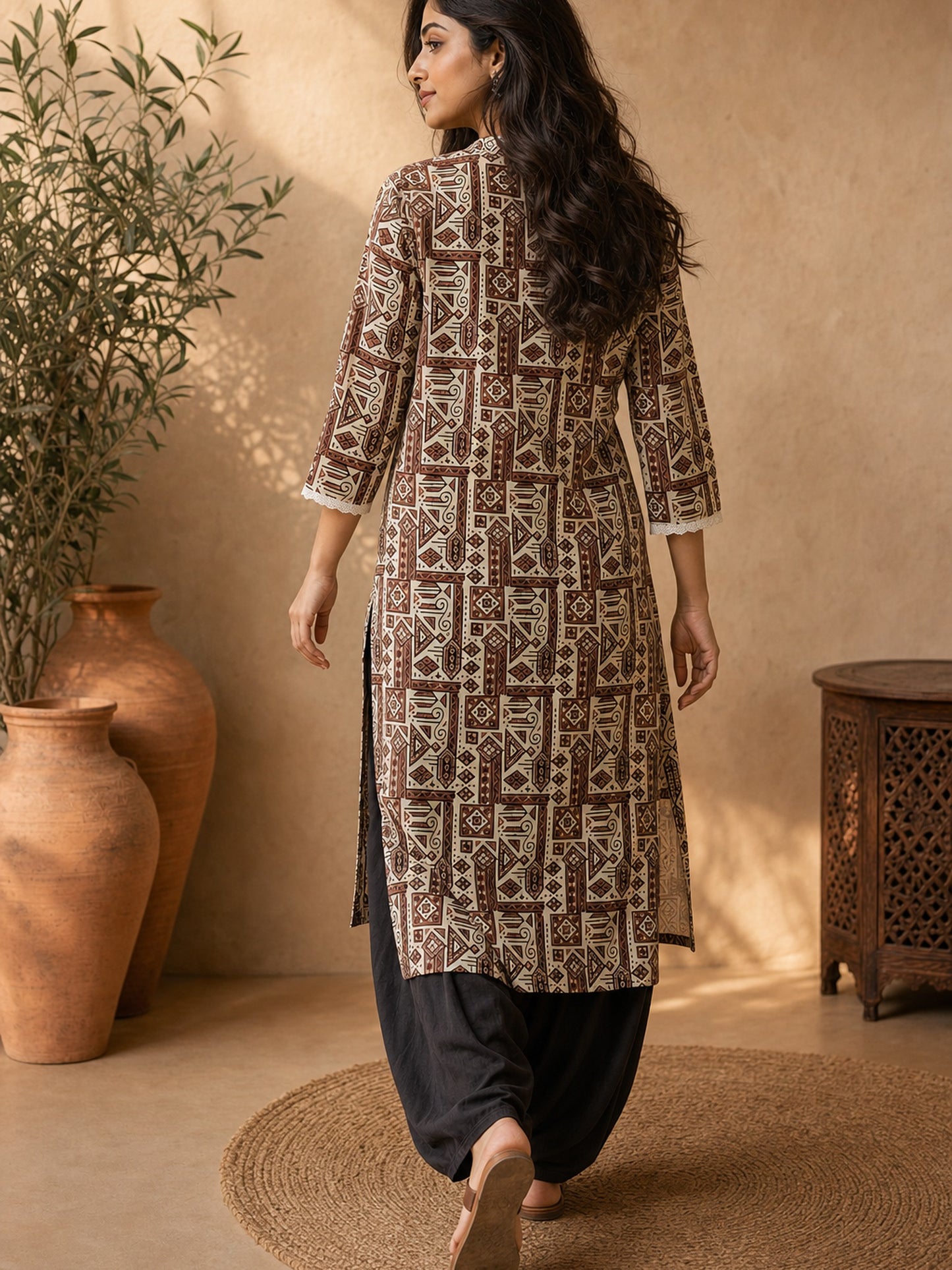 Ivory Geometric Printed Cotton Kurta with Contemporary Ethnic Motifs