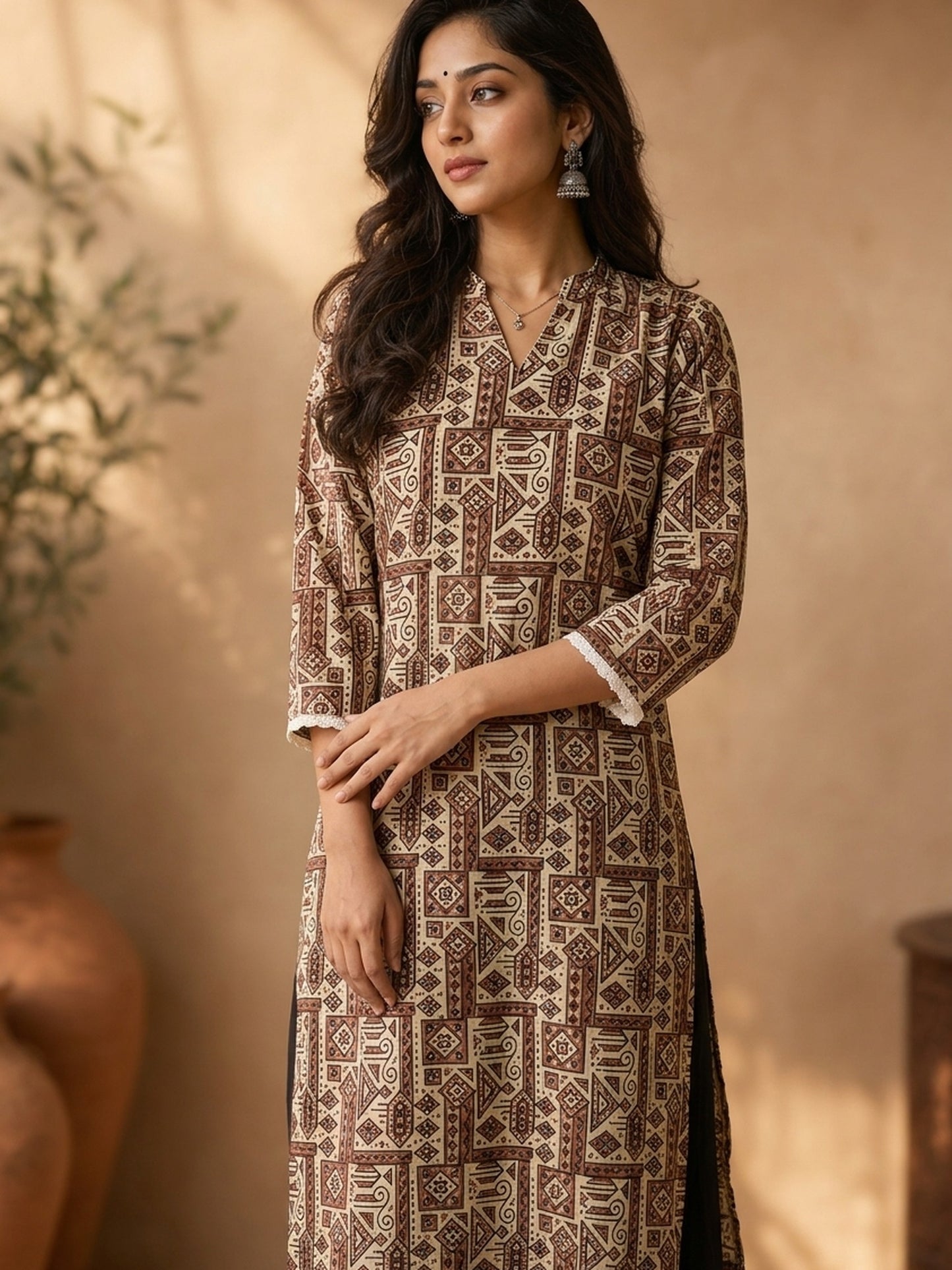 Ivory Geometric Printed Cotton Kurta with Contemporary Ethnic Motifs