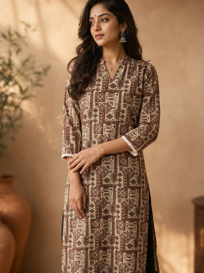 Ivory Geometric Printed Cotton Kurta with Contemporary Ethnic Motifs