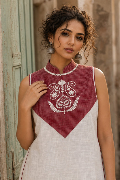 Minimal White Cotton Sleeveless Kurta with Bold Maroon Check V-Yoke & Tonal Embroidery