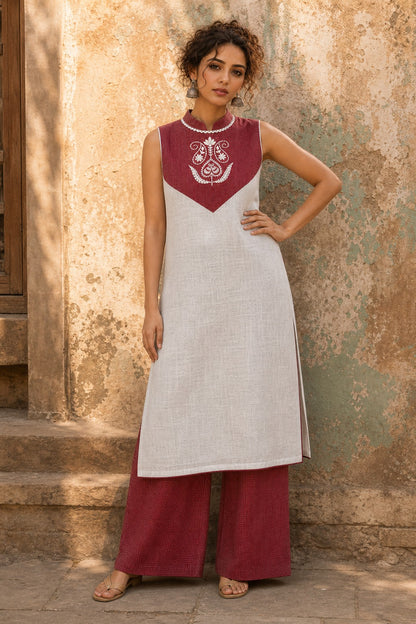 Minimal White Cotton Sleeveless Kurta with Bold Maroon Check V-Yoke & Tonal Embroidery