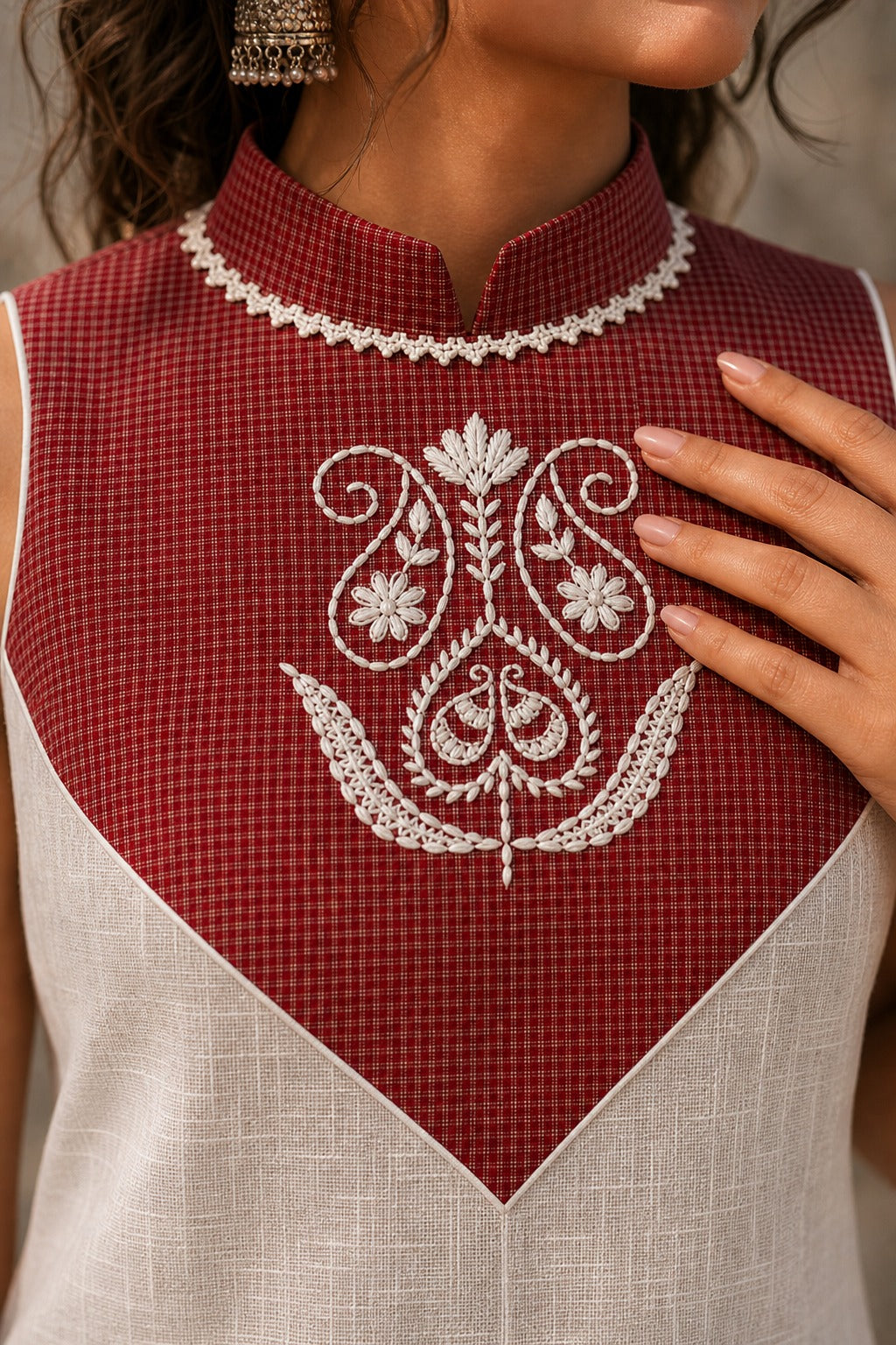 Minimal White Cotton Sleeveless Kurta with Bold Maroon Check V-Yoke & Tonal Embroidery