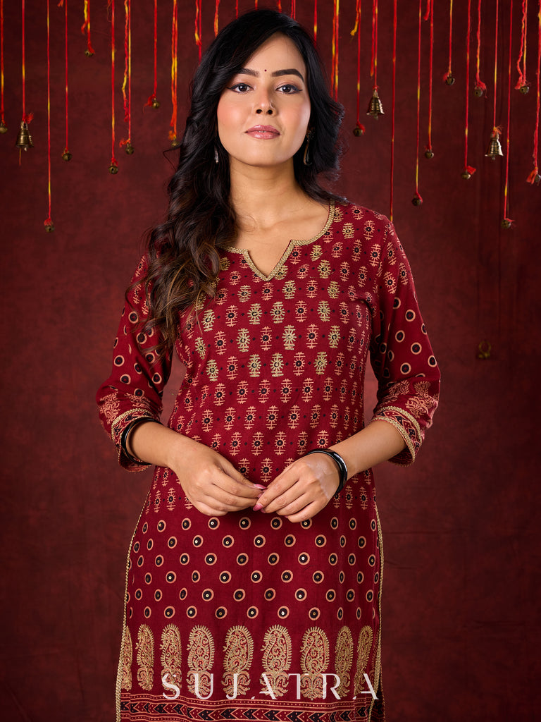 Classic Maroon Ajrakh Kurta with Minimalist Embroidery