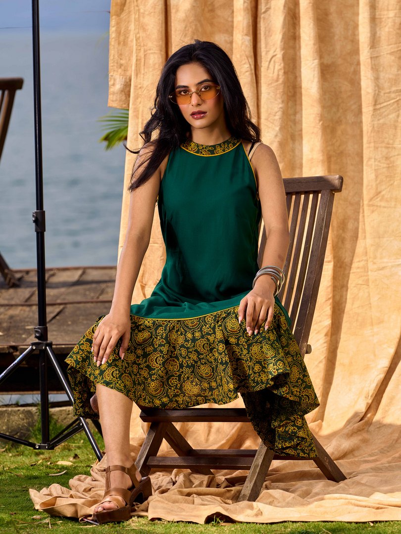 Classic Emerald Flared Rayon Dress With Ajrakh Highlights