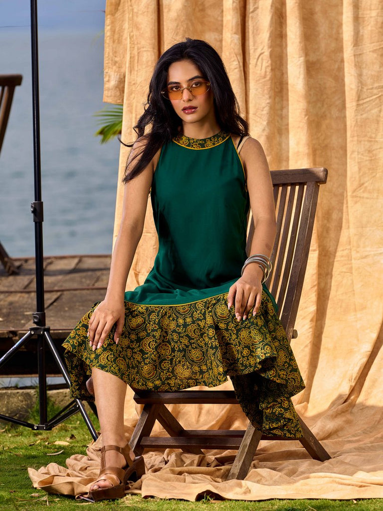 Classic Emerald Flared Rayon Dress With Ajrakh Highlights