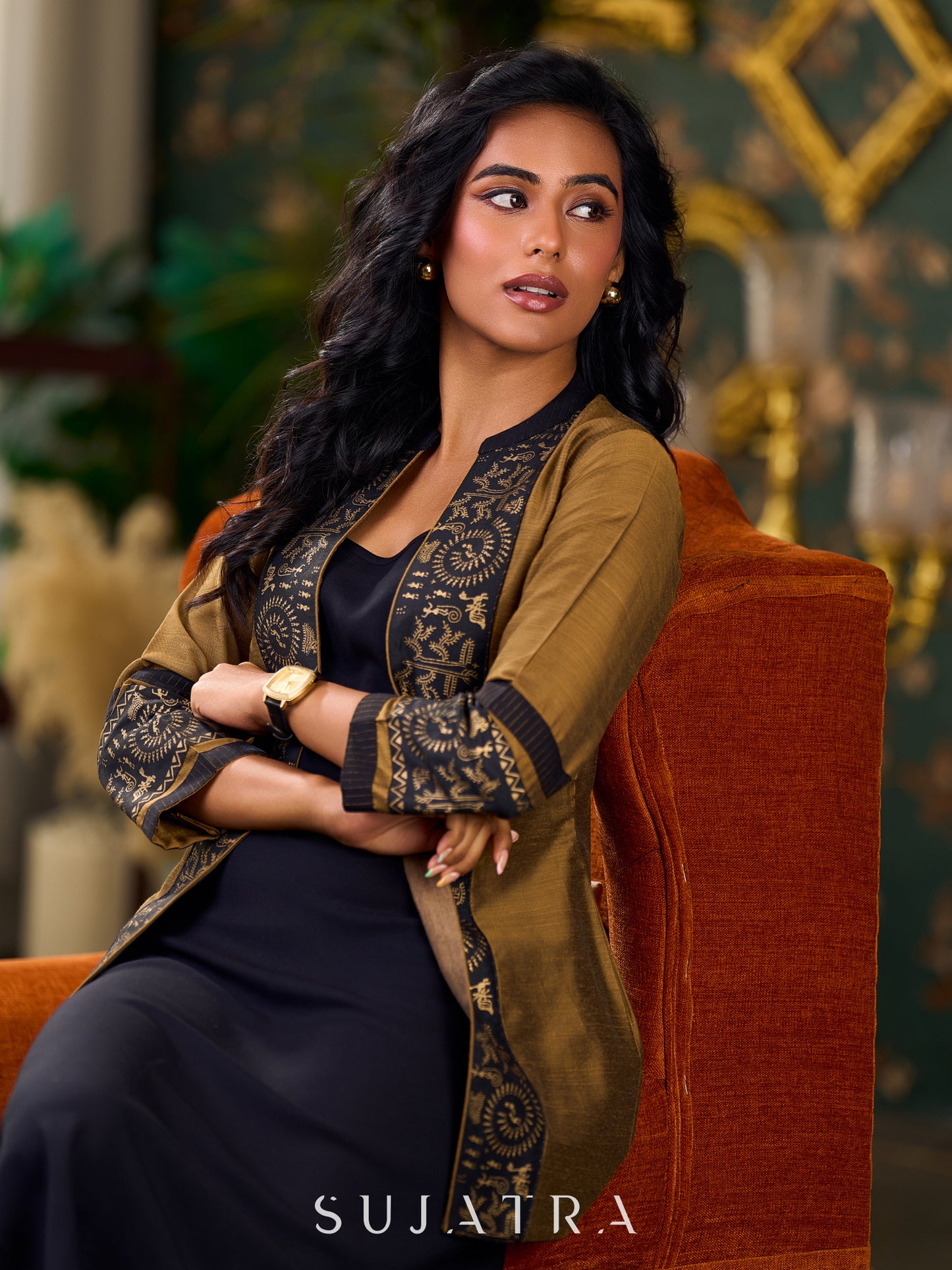 Exquisite Gold Silk Jacket with Black Shimmer-Striped Collar and Warli Printed Accents on Open Front and Cuffs - Dress optional
