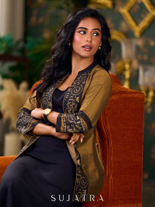 Exquisite Gold Silk Jacket with Black Shimmer-Striped Collar and Warli Printed Accents on Open Front and Cuffs