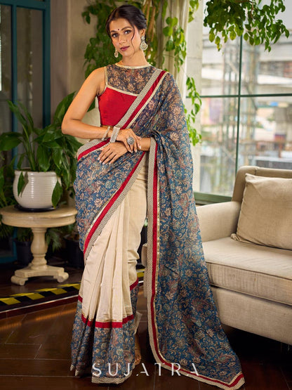 Flourishing Ivory Kalamkari Floral Chanderi Saree with Red Zari-Trimmed Hem & Chevron Border Accent