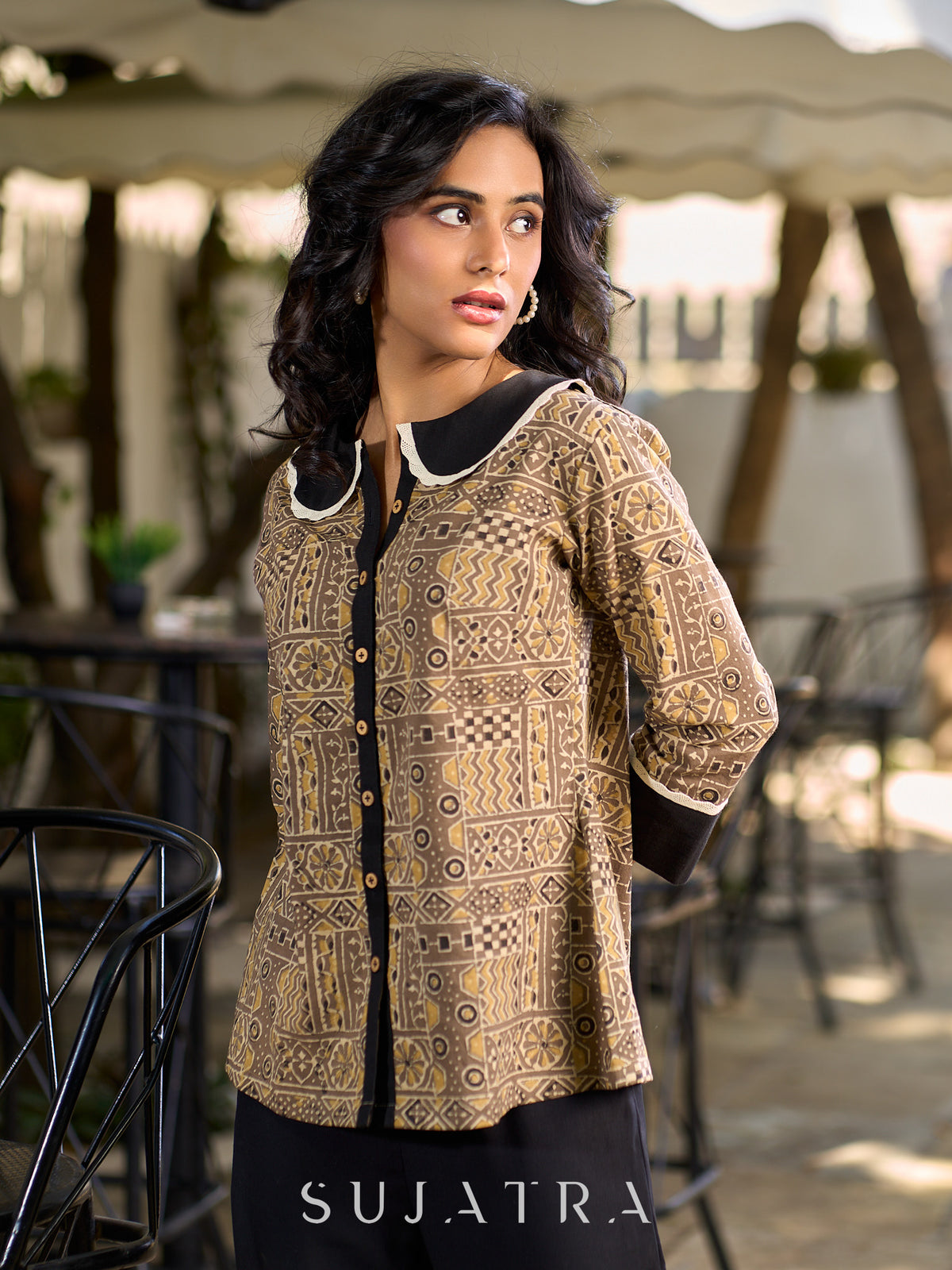 Earth Brown Ajrakh Cotton Shirt Featuring Statement Contrast Collar