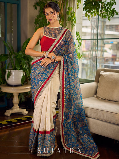 Flourishing Ivory Kalamkari Floral Chanderi Saree with Red Zari-Trimmed Hem & Chevron Border Accent