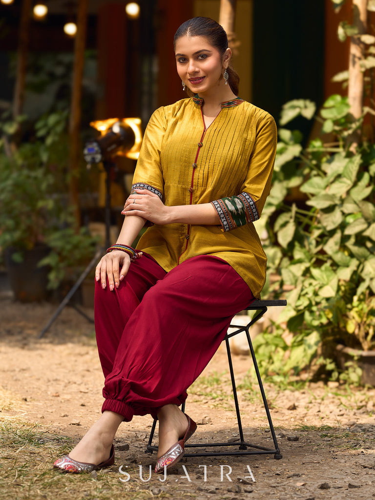 Mustard Cotton Silk Top With Pleated Yoke And Contrasting Ikat Detailing On Sleeves And Collar