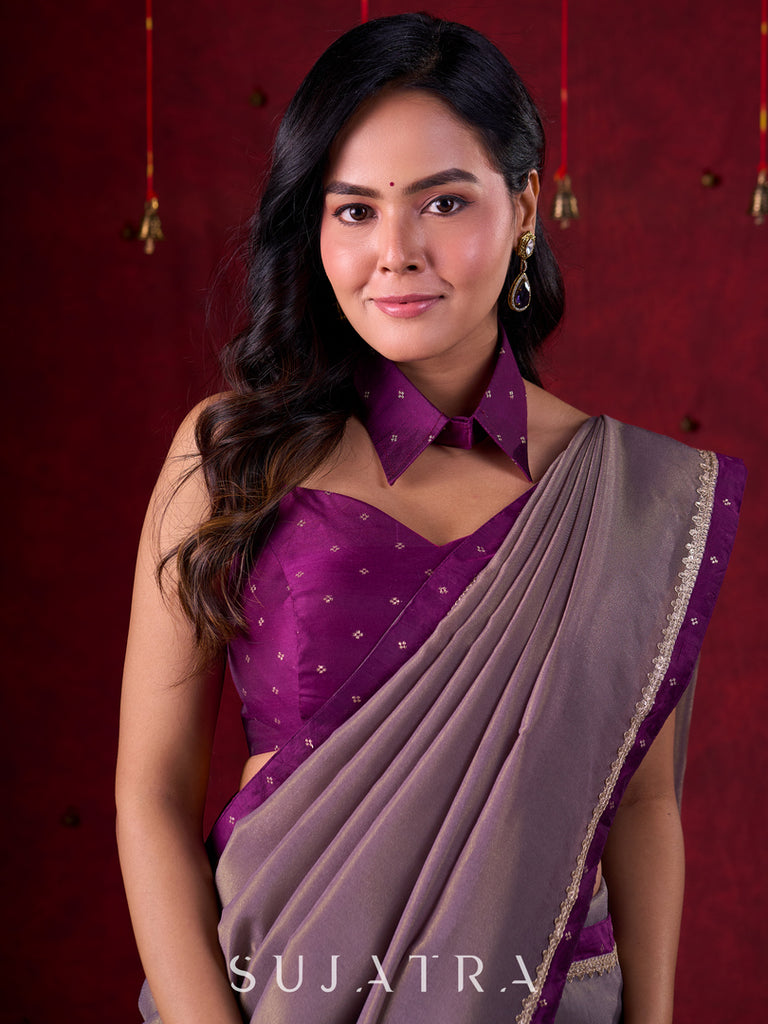 Purple Luxe Chanderi Silk Blouse with Sweetheart Neckline, Strappy Silhouette & Collar Neckpiece
