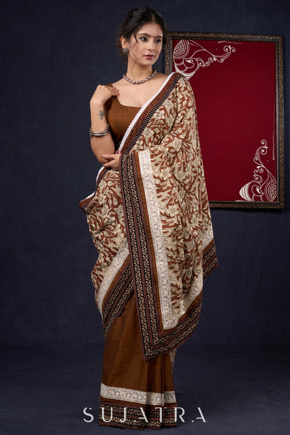 Combination of Exclusive hand block Fakira Print & Dark Rust Handloom Cotton Saree