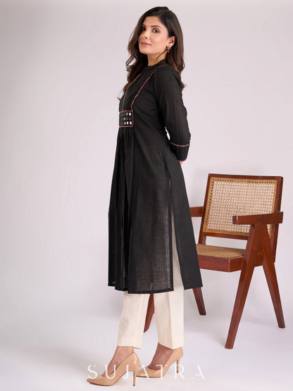 Elegant Black Cotton Gathered Kurta with Mirror Embellishments, Pleats & Ajrakh Piping on Yoke