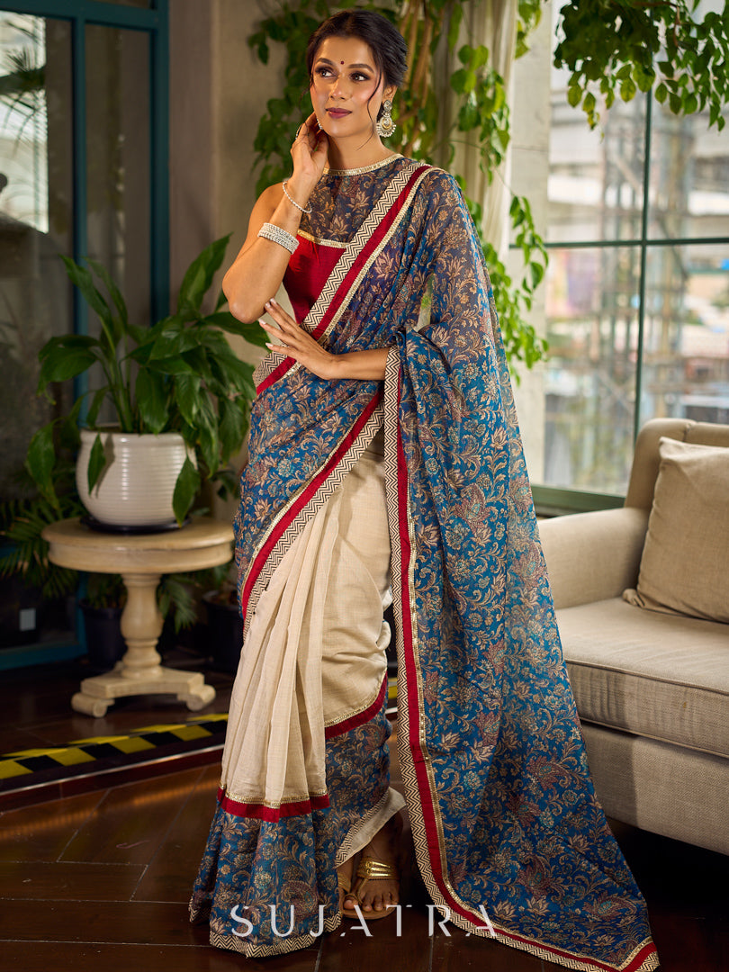 Flourishing Ivory Kalamkari Floral Chanderi Saree with Red Zari-Trimmed Hem & Chevron Border Accent