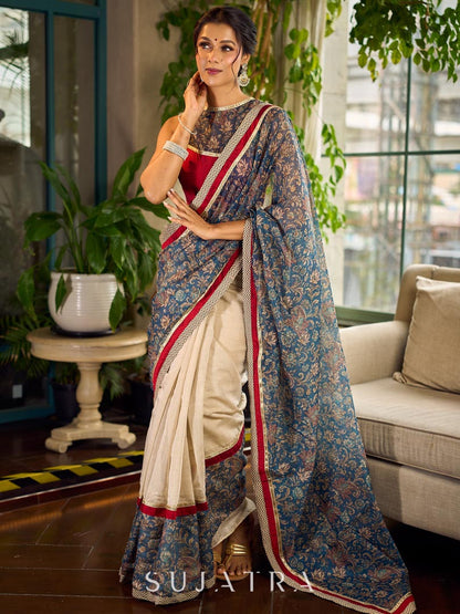 Flourishing Ivory Kalamkari Floral Chanderi Saree with Red Zari-Trimmed Hem & Chevron Border Accent