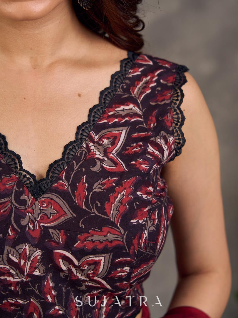 Classic Black Floral Printed Cotton Blouse - Saree Optional