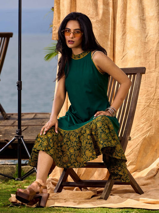 Classic Emerald Flared Rayon Dress With Ajrakh Highlights