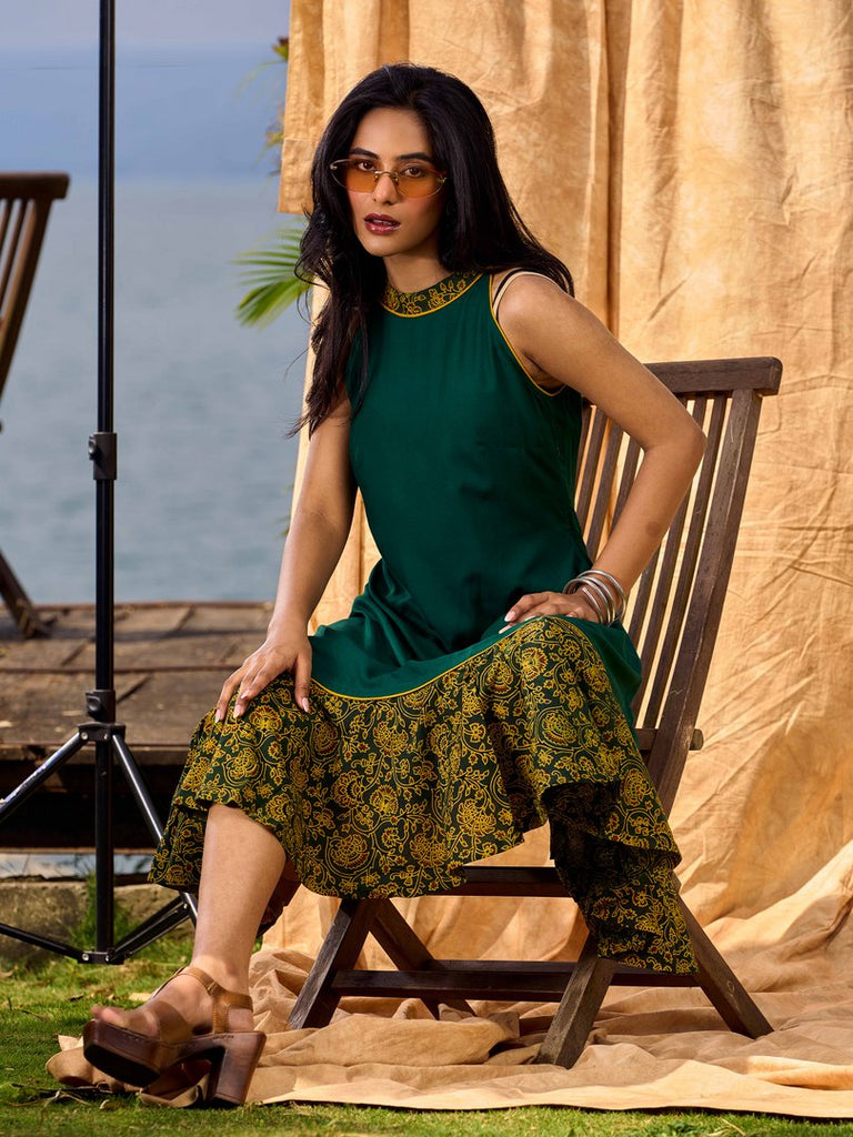 Classic Emerald Flared Rayon Dress With Ajrakh Highlights