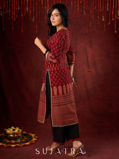 Classic Maroon Ajrakh Cotton Kurta with Minimalist Embroidery