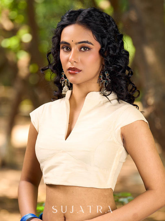 Ivory Cotton Silk Cap-Sleeve Collar Neck Blouse