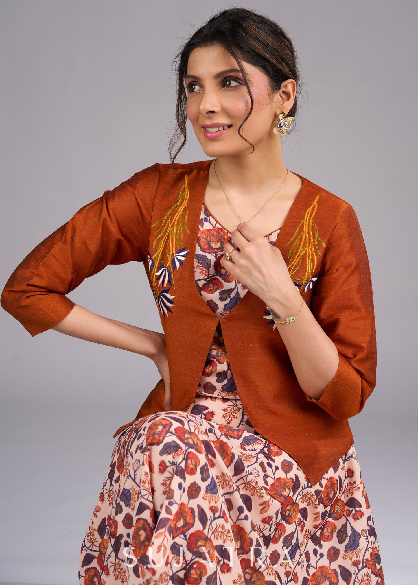 Rustic Radiance Embroidered Orange Cotton Silk Jacket - Dress optional
