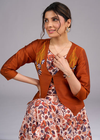 Rustic Radiance Embroidered Orange Cotton Silk Jacket - Dress optional
