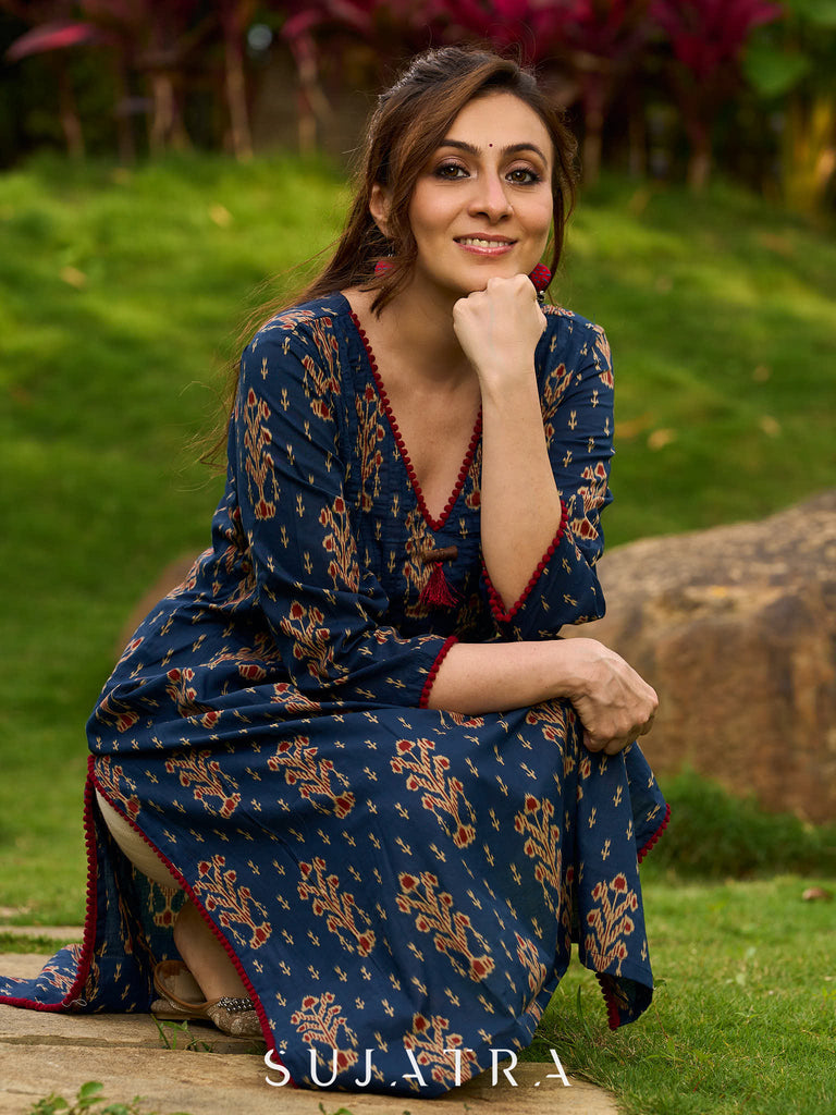 Contemporary Blue Ajrakh Print Kurta with Pleated Pintuck Detailing and Maroon Accents