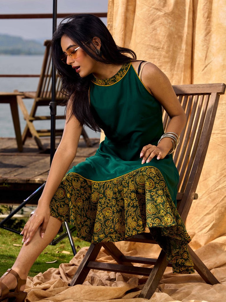 Classic Emerald Flared Rayon Dress With Ajrakh Highlights