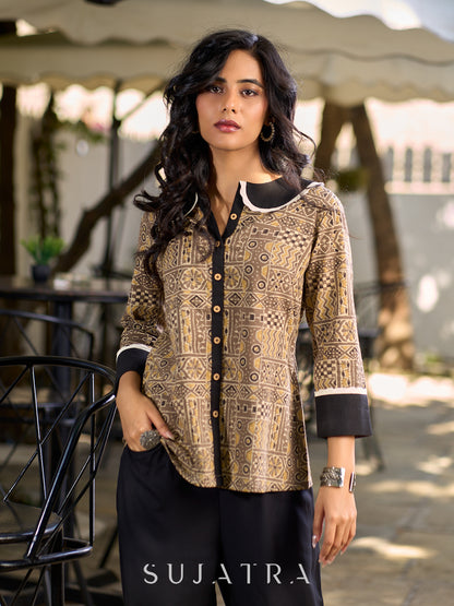 Earth Brown Ajrakh Cotton Shirt Featuring Statement Contrast Collar
