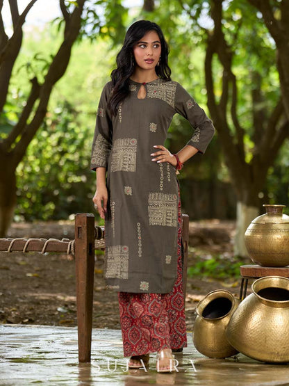 Chic Grey Cotton Kurta with Statement Abstract Hand Block Design