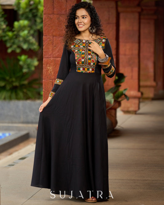 Black Flared Gown with Mirror Work Embellishments